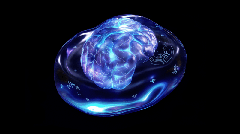 A translucent crystal brain with glowing neural pathways